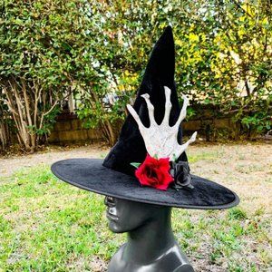 Halloween Skull Hand & Rose Black Witch Hat Party Tall Hat for Adult and Kid
